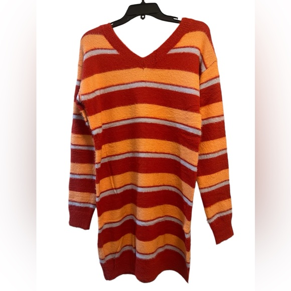 NWT Davi & Dani Red Orange Gray Stripe V Neck Long Sleeve Knit Sweater DRESS - Picture 6 of 9